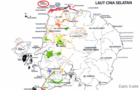 Map of Belitung. Lengkuas island is the island in the red line ExploGuide - Off the Path Travel and Alternative Tourism database